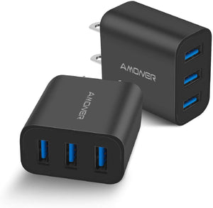 Amoner Wall Charger, Upgraded 2Pack 15W 3-Port USB Plug Cube Portable Wall Charger Plug for iPhone 12/mini/Pro/Max/11/Pro/Xs/XR/X/8/7/Plus, Galaxy10/9, Note10/9, and More