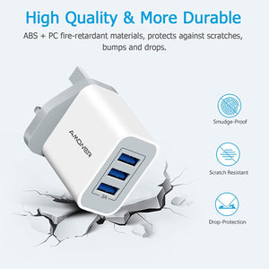 Amoner USB Charger 2Pack 3-Port 5V/2.4A Fast Charger Plug Mains Charger Compatible with Samsung,Huawei,Phone 12/Xs/XR/X/8/7/6/6S Plus, Pad, Pod etc