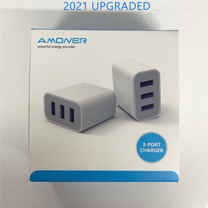 Wall Charger, Amoner Upgraded 2Pack 15W 3-Port USB Plug Cube Portable Wall Charger Plug for iPhone 12mini/12/11/Pro/ProMax/Xs/XR/X/8/7, iPad Pro/Air 2, Galaxy10/9, Note10/9, and More