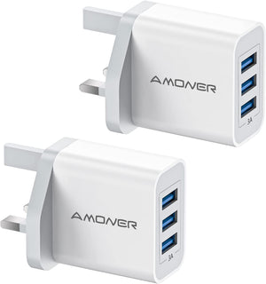 Amoner USB Charger 2 Pack, 5V/3A 3-Port Fast Charger Plug UK Power Adapter Compatible with iPhone 13/12/11/SE/X/XS/XS MAX/XR/8, iPad/Pro/Mini/Air, Pixel, Xiaomi, One Plus, Huawei
