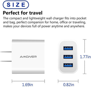 Wall Charger, Amoner Upgraded 2Pack 15W 3-Port USB Plug Cube Portable Wall Charger Plug for iPhone 12mini/12/11/Pro/ProMax/Xs/XR/X/8/7, iPad Pro/Air 2, Galaxy10/9, Note10/9, and More