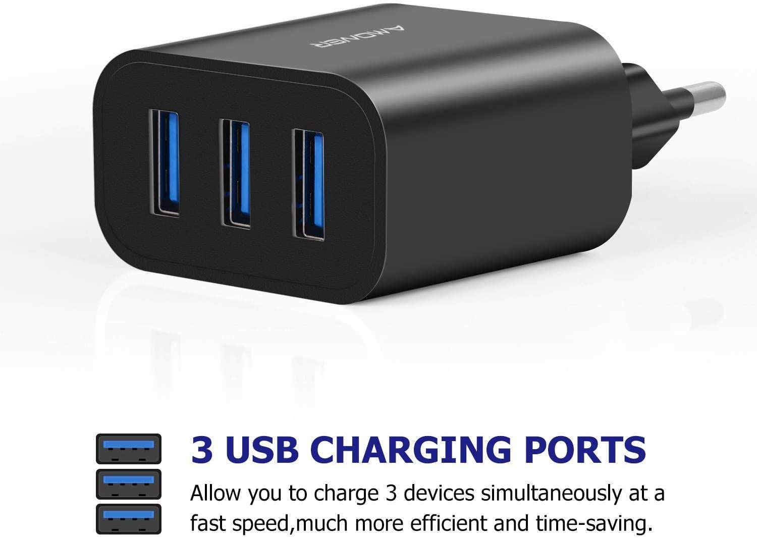 Chargeur Secteur USB 3 Ports Universel Chargeur Mural (5V 3A Max