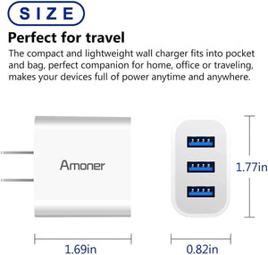 Wall Charger, USB Type C Cable 3ft/6ft 15W 3-Port Compact Wall Charger with USB C Cord for Galaxy S10/S9/S9+/S8/S8+, Note 9/8, Pixel 3 2 XL, V30/V20
