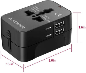 Travel Adapter, Amoner Worldwide All in One Universal Power Wall Charger AC Power Plug Adapter with Dual USB Charging Ports for USA EU UK AUS Cell Phone Laptop