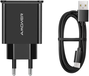 Amoner Adaptives Schnell Ladegerät Ladeset 25W 2-Port Ladeadapter mit Typ C Ladekabel USB C Kabel (2 x 1.2M) stabil für Samsung Galaxy S10/S10+/S9/S9+/S8/S8+ Note 8/Note 9 & Typ C Geräte (Schwarz)