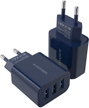 Amoner USB Ladegerät USB Stecker 15W Ladestation Ladeadapter -2 Stücke 3 Port 15W Netzteile für iPhone, iPad,Tablette,Samsung, Galaxy, Huawei usw. (Quantenblau)