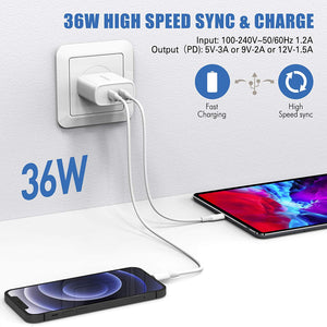 Amoner USB C Charger 36W 2-Port Fast Charger for iPhone 12/12 Mini/12 Pro Max, PD 3.0 Fast Charger with 18W 3ft USB C to Lightning Cable -MFi Certified- USB C Wall Charger for iPhone 11 Pro Max/8 Plus