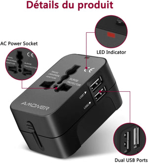 Travel Adapter, Amoner Worldwide All in One Universal Power Wall Charger AC Power Plug Adapter with Dual USB Charging Ports for USA EU UK AUS Cell Phone Laptop