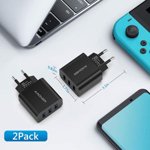Amoner USB Charger, USB Plug, 15 W Charging Station, Charging Adapter, 2 Pieces, 3 Ports 15 W Power Supply for iPhone, iPad, Tablet, Samsung, Galaxy, Huawei, etc.