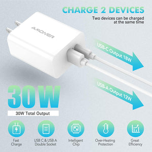 USB C Charger,Amoner 30W PD Fast Wall Charger,Portable Type-C Power Adapter Compatible with MacBook,iPad,iPhone Xs/XS Max/SR/iPhone 12/12Pro/12mini/11/11 pro