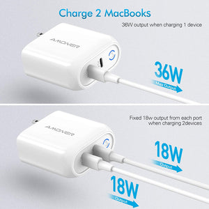 Amoner 36W 2-Port PowerPort PD USB C Charger, Compact Type C Wall Charger with Foldable Plug, Power Delivery for iPhone 12/12Pro/12Mini/11/11Pro/XR/Max, MacBook Pro/Air, and More